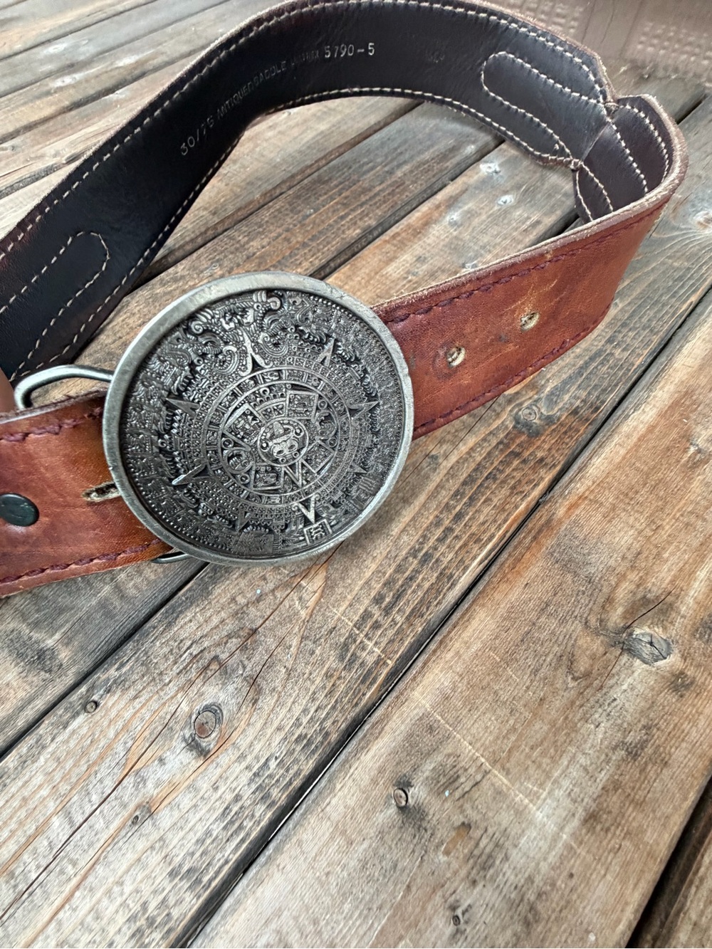 Vintage Bergamot Brass Works 1974 Mayan Aztec Calendar Belt Buckle Leather Belt